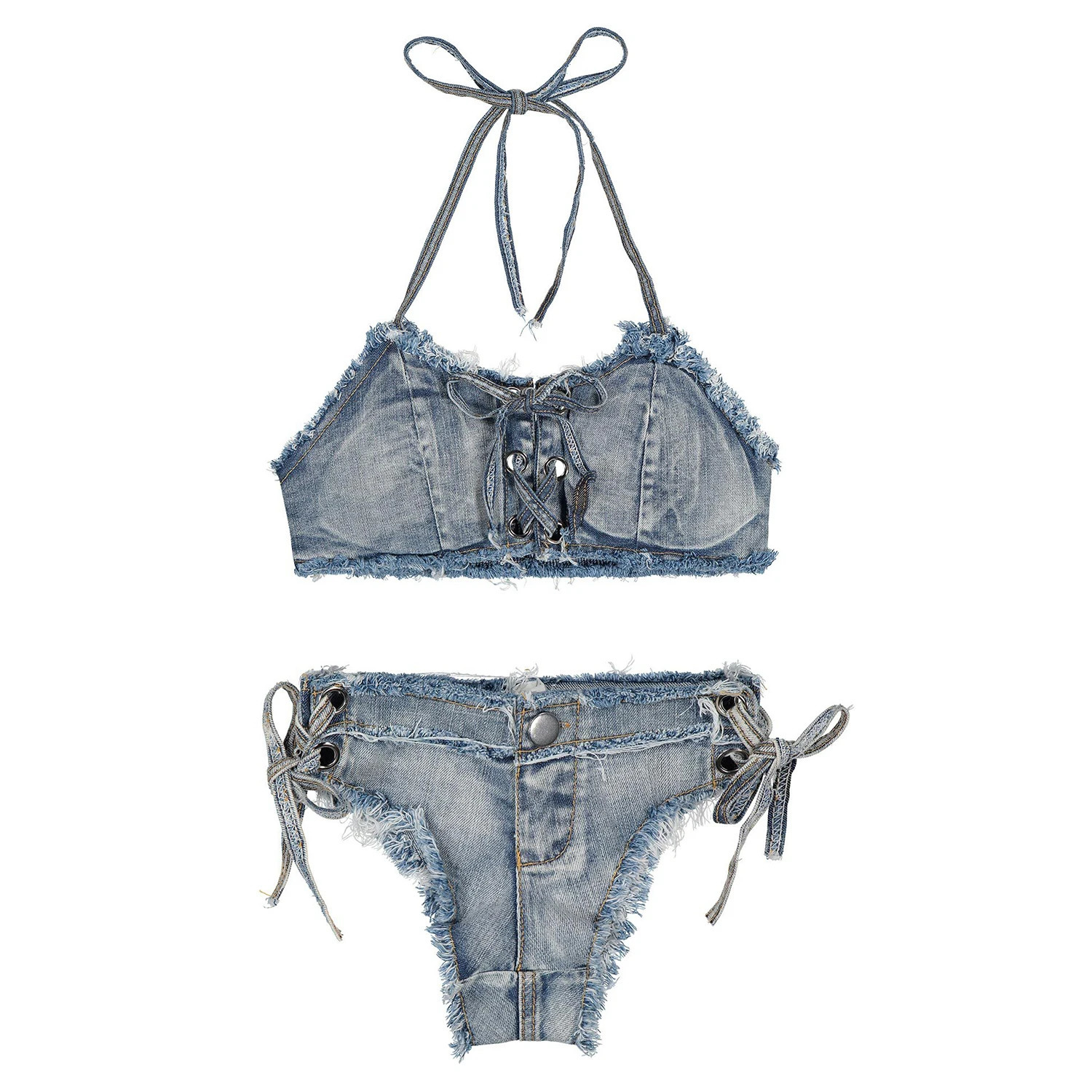 650 # Summer Fashion Sexy Strap Split Swimwear Denim Bikini Set 250107