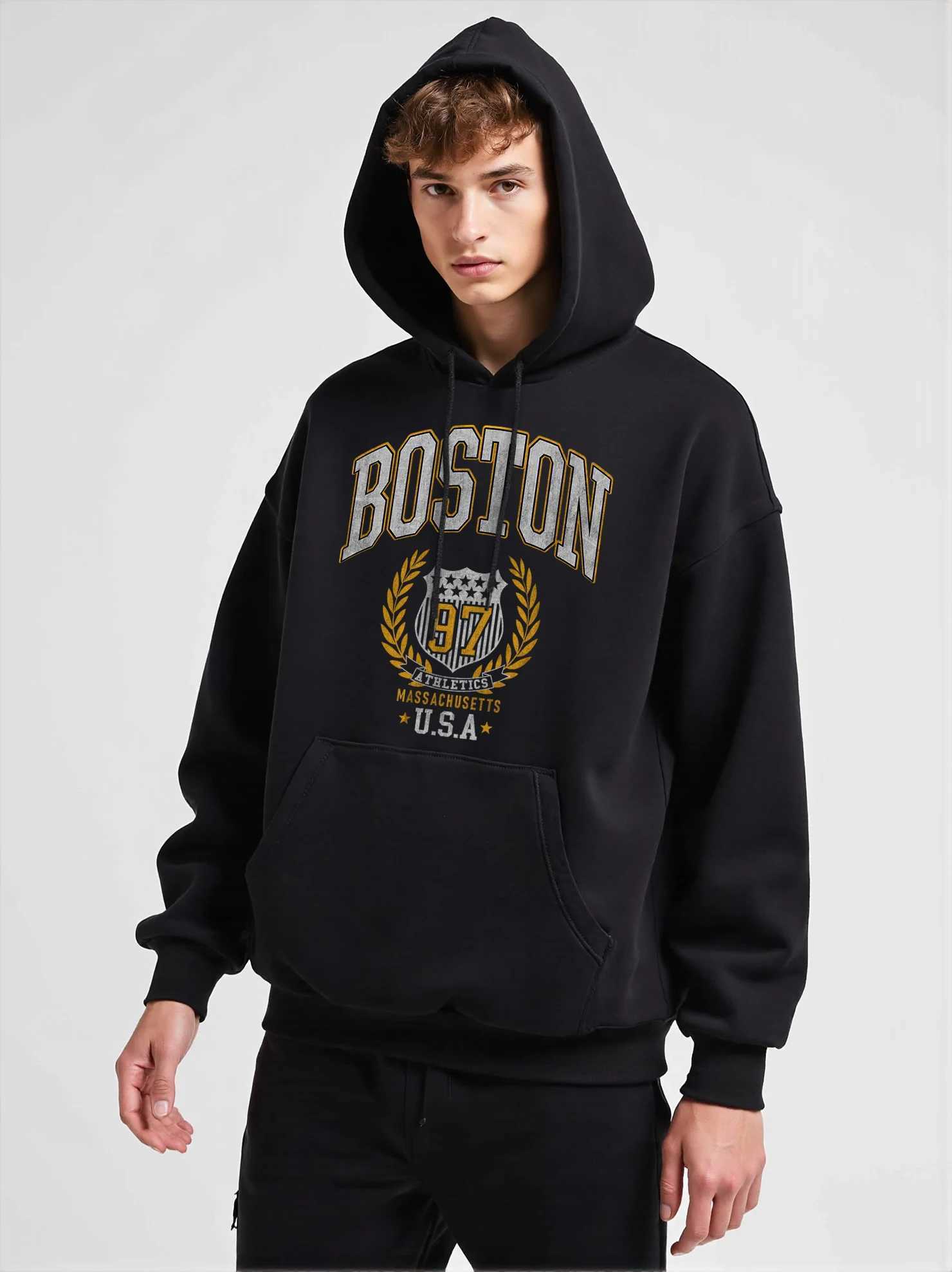 Boston 97 City Letter Mens Hoodie Warm Wool Lining Hoodie Mens Loose Casual Black Hoodie Spring/Autumn Clothing W250108
