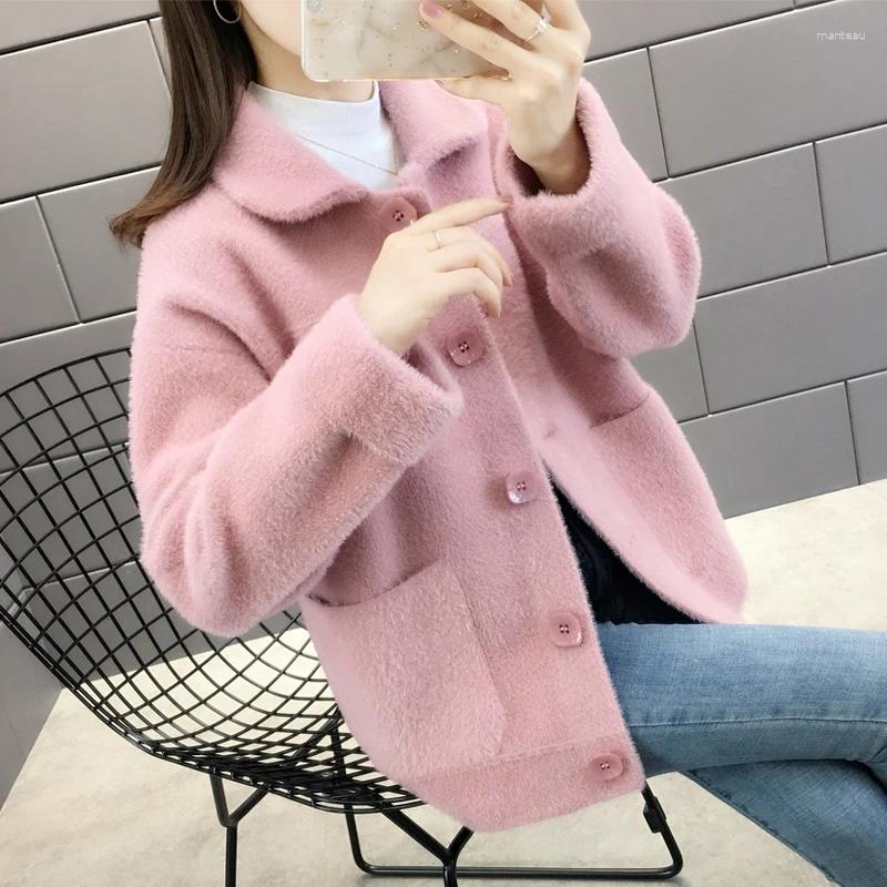 Women's Knits Autumn Winter Thick Faux Mink Cashmere Knitted Sweater Women Short Cardigan Loose Long Sleeve Big Pocket Knit Jacket Coat