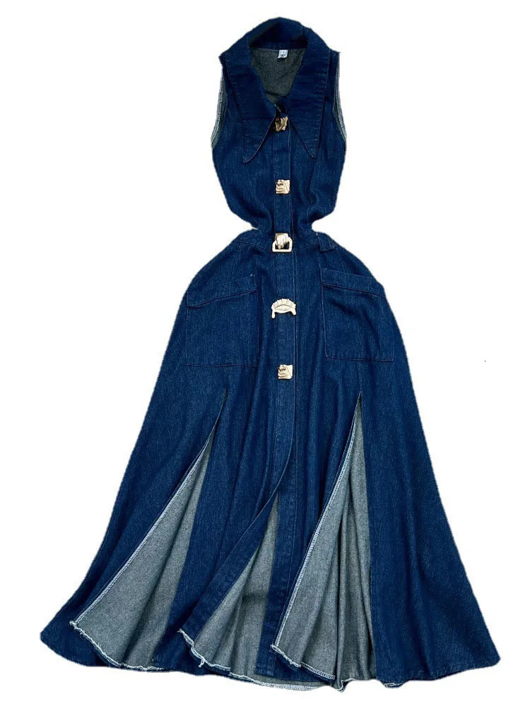DEAT Trendy Fashion Womens Metal Buckle Waist Hollow Out Denim Dress 2024 Spring Lapel Sleeveless Split Dresses Female 33A1196 250107