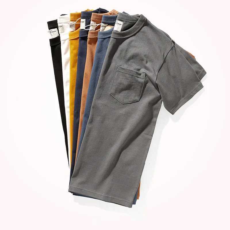 New Arrival 2025 Summer New Pocket T-shirt Mens Short Sleeve Retro Solid Color Simple Round Neck Heavy duty Washable Old Bottom Top Z250108