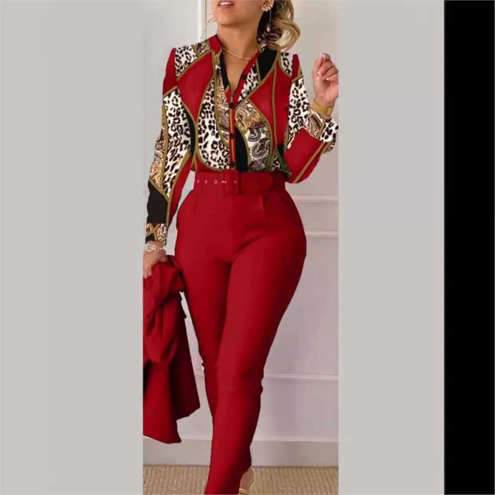 Ele Womens Printed Two Piece Set Spring and Autumn V-neck Long Sve Shirt Top and Pants Set Including Work Clothes Set W250108