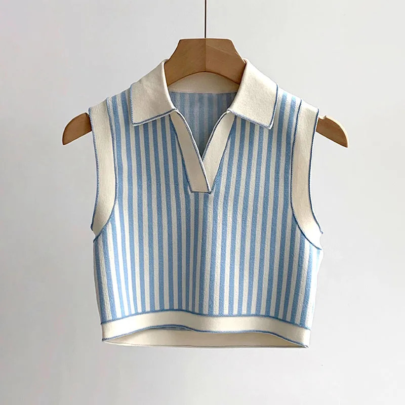 Summer Polo Collar Knit T-shirt Women Cropped Striped Vest Tops Sleeveless Contrasting Edges Tees 2024 Clothing 250107