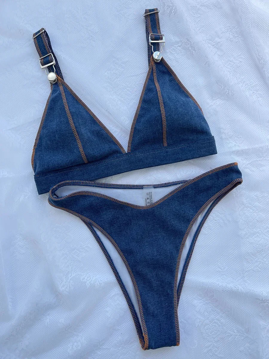 Sexy Denim Blue Brazilian High Cut Bikini Female Swimsuit Women Swimwear Two-pieces Bikini set Bather Bathing Suit Swim Lady 250107