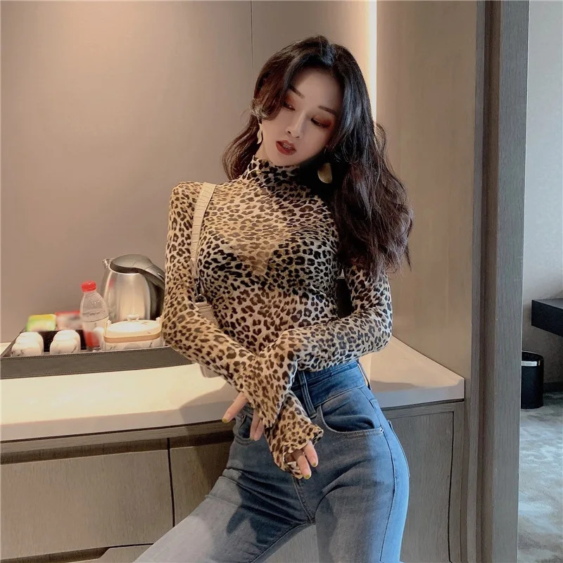 Women T-shirts spring Retro Turtleneck Leopard Slim Long-sleeved Leoaprd Tshirts Mesh Perspective Bottoming Tee Shirts 250107