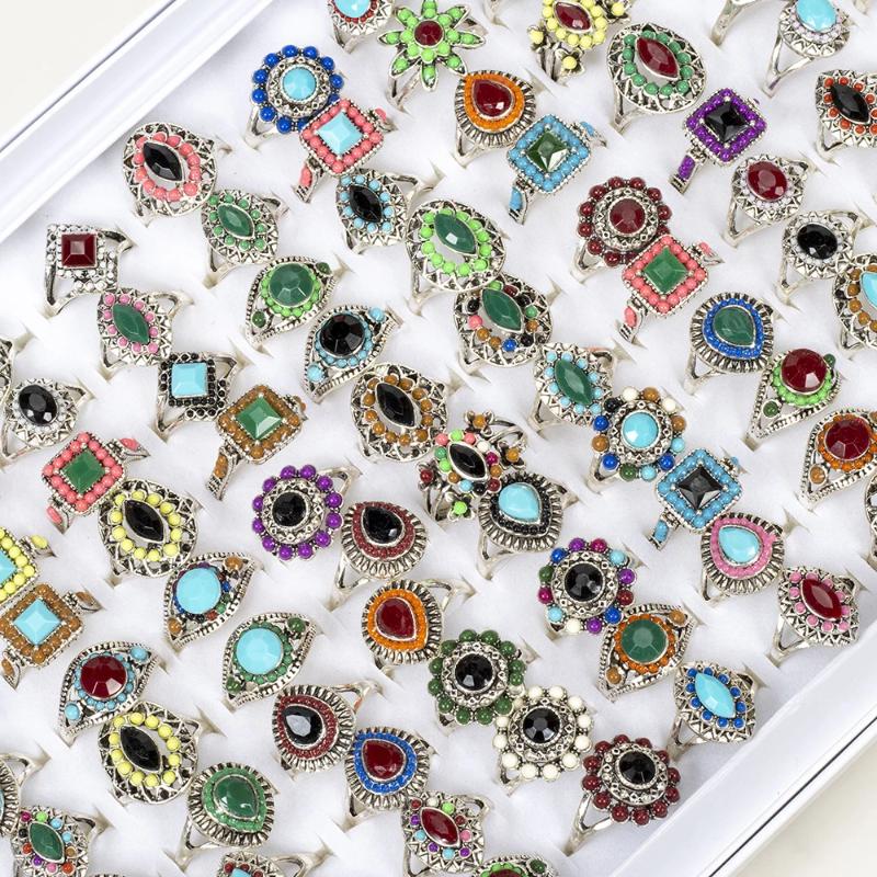Cluster Rings Wholesale Bulk 30 Pieces/Lot Vintage Stone Flower For Women Fashion Jewelry Wedding Party