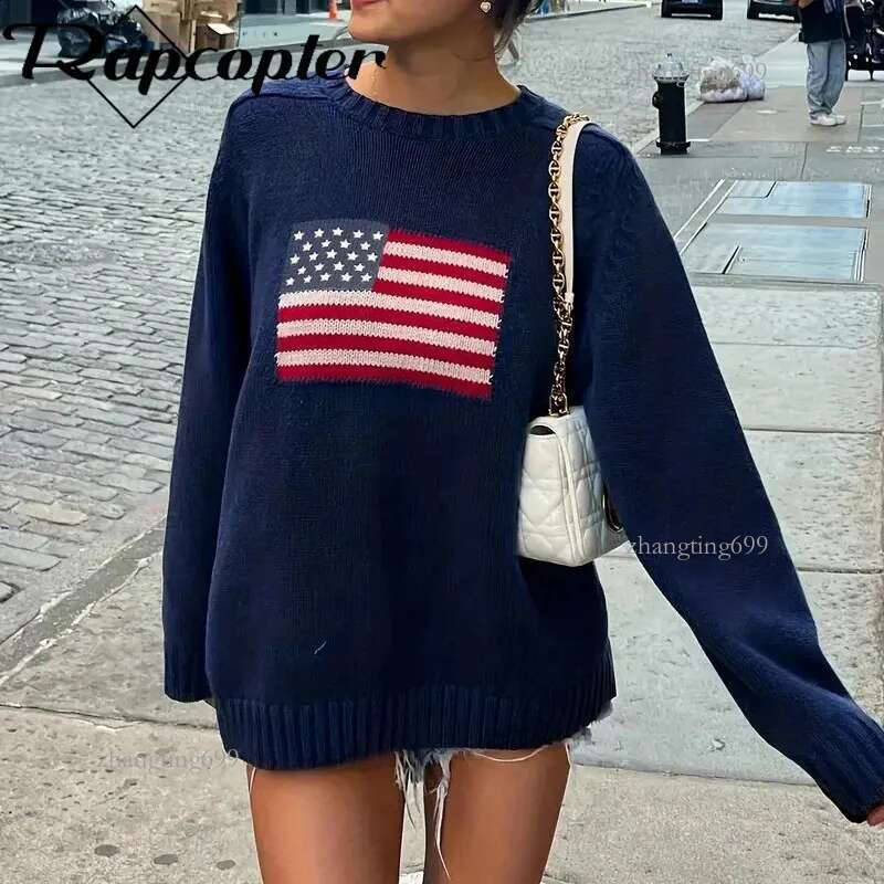 Rapcopter y2k Flag Print Sweaters Loose O Neck Full Sleeve Jumpers Autumn Winter Harajuku Casual Knitwear Pullovers Vintage 90s 240919