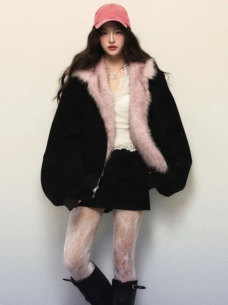 Winter American Retro Pink Fur Hooded Workwear Thickened Short Jacket Skirt Two-piece Suit for Women 241225
