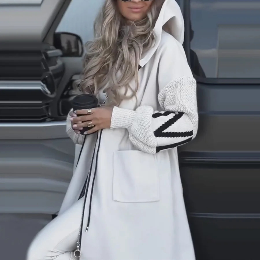 Leisure long patch long coat womens casual hoodie lace pocket womens jacket autumn and winter womens trench coat 250107
