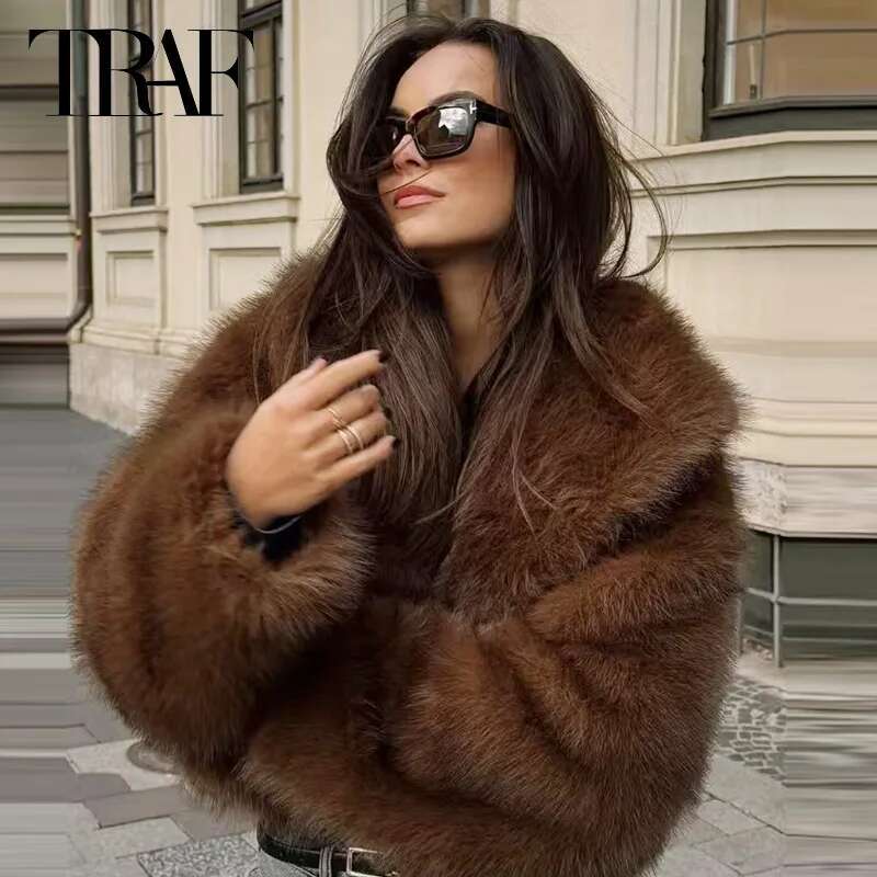 TRAF Women's Winter Fluffy Faux Fur Coat Women Crop Brown Bury Jacket Fashion Plush Long Sleeve Coats Hairy Outwears