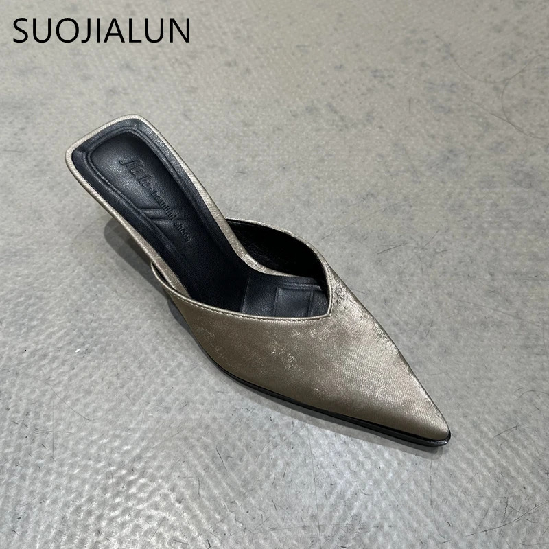 SUOJIALUN 2024 Spring Women Slipper Fashion Pointed To Shallow Slip On Mules Shoes Thin High Heel Ladies Elegant Sandals 250107