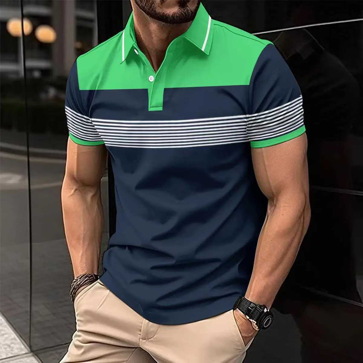 2025 New Cross-border Mens Clothing Casual POLO Shirt V-neck Button Business Striped Versatile T-shirt TopXJ250108