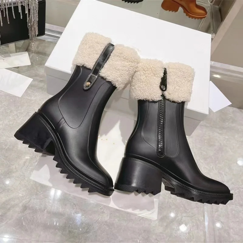 Ankle Boots Women PVC Rain Boots Chunky Heel Height Increasing Short Boots Thick Sole Motorcycle Boots For Size 36-43 250106