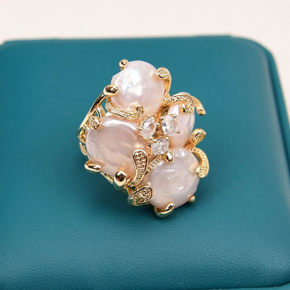 GG Big Natural White Keshi Coin Pearl Paved Clear Crystal Gold Plated Rings Adjustable Ring Gifts For Lady 250106