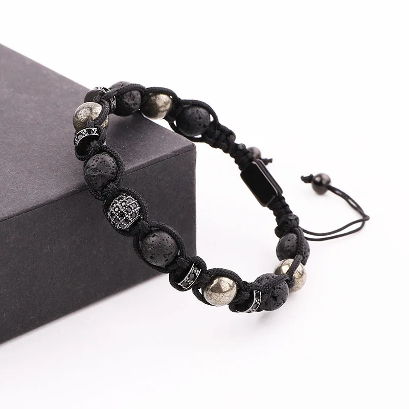 CZ Pave Ball Lava Stone Pyrite Braided Macrame Cord Bracelet Men Jewelry Gift 250107