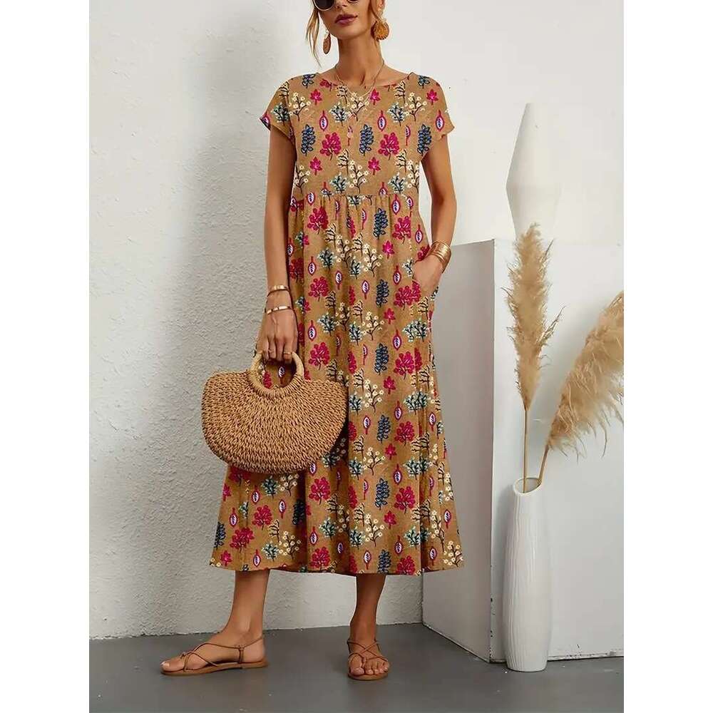 New Fashion Women's Loose Cotton Linen Sleeveless Round Neck Printed Summer Dress