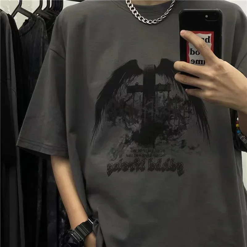 Oversized T-shirt Men Summer T-shirts Dark High Street Gothic Print Skull Cotton Short Sleeve Tee Harajuku T Shirt for Men 250107