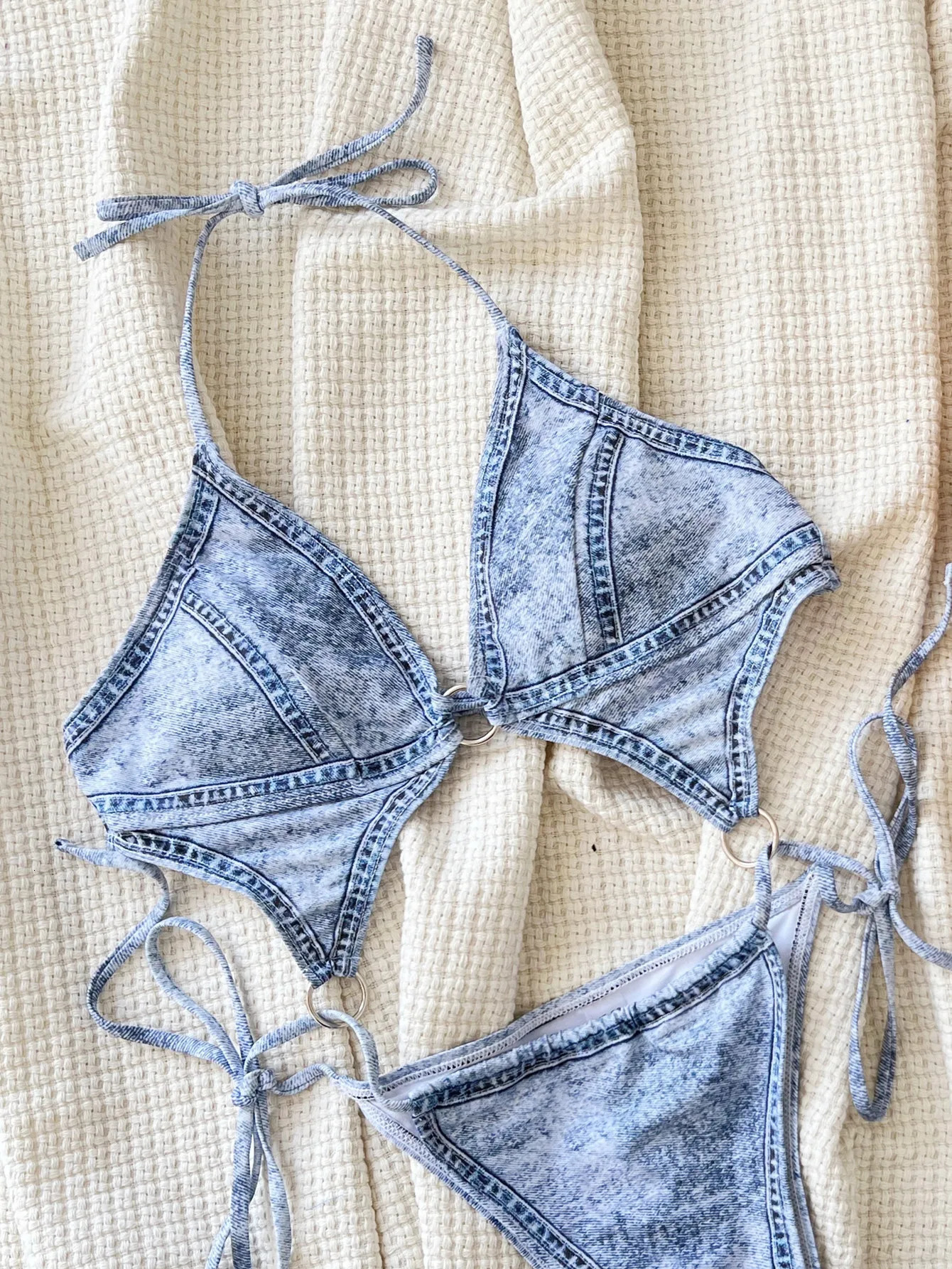 Women denim print metallic swimsuit one piece halter hollow backless bikini Swimwear bathing suit beach outfits bodysuit biquini 250107