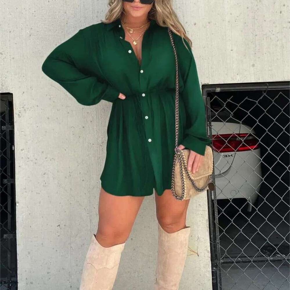 European And American Autumn New Women's Fashion Solid Color Long Sleeved Shirt Jumpsuit