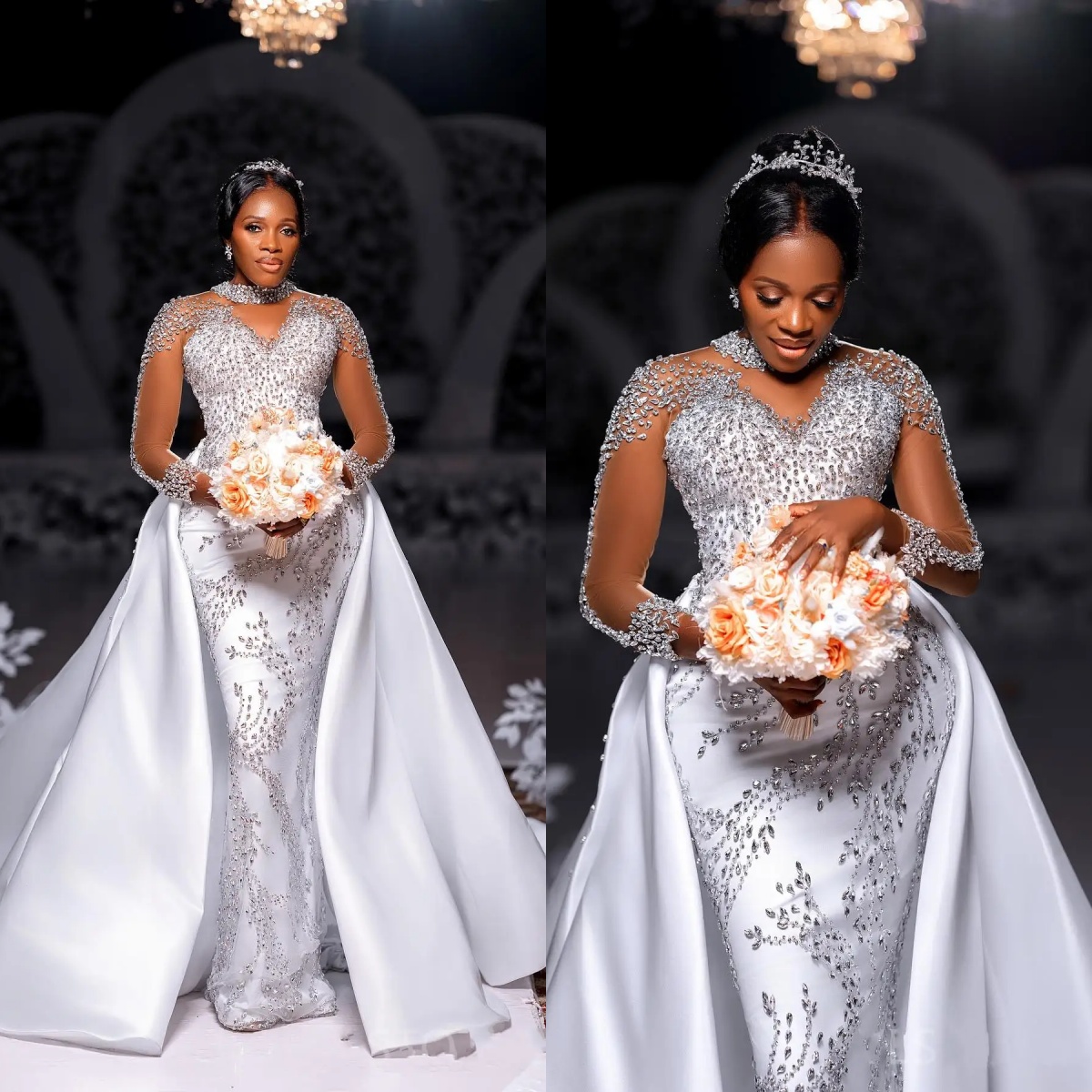 Mermaid Wedding Dresses For Women Jewel Neck Long Sleeves Gown Sequins Crystal Detachable Train Customized Dress