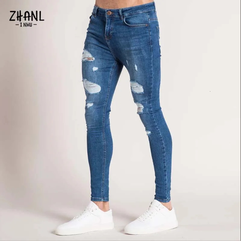 Fashion White Elastic Skinny Pants Man Ripped Jeans Male Streetwear Vintage Wash Solid Denim Trouser Mens Casual Slim fit 250106