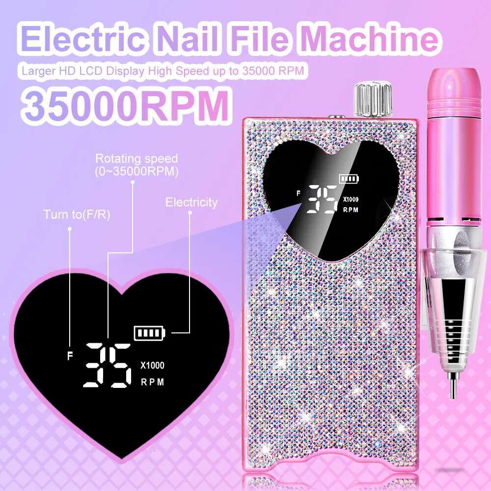 96W Rechargeable LED UV Lamp And 35000RPM Nail Drill hine with Dias Heart-Shaped Design for Manicure Polishing Dryer