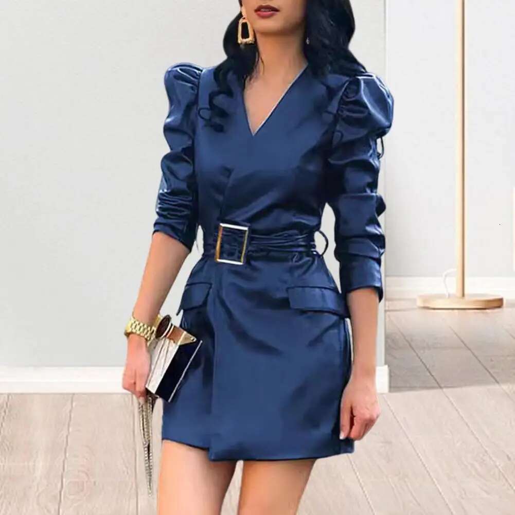 Summer Women Smooth Faux Leather V Neck Long Bubble Sleeves Belted Waist Lady Slim Fit Solid Color Mini Dress