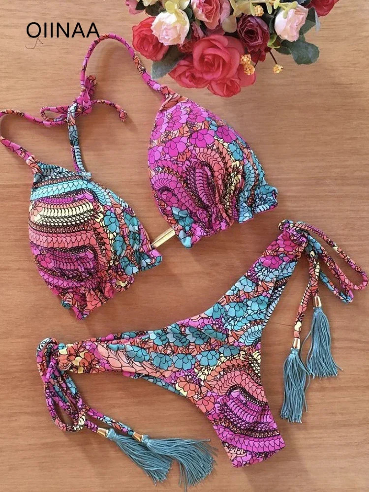 OIINAA Bathing Suit Women Sexy Printed Bikini Set Drawstring Swimsuit Halter Lace Up Two-piece Thong Summer Female Biquinis 250106