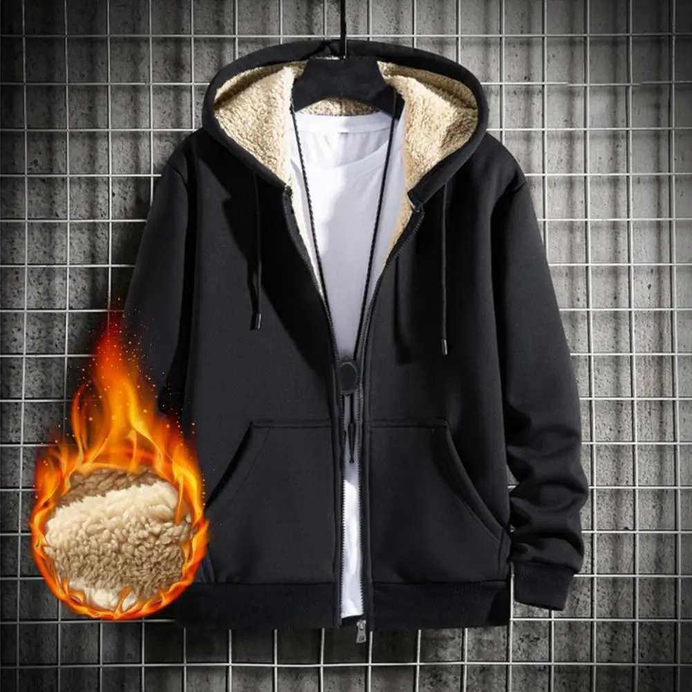 Autumn and winter mens outerwear with long sleeves drawstring pockets zipper closure cardigan sweater wool lining hooded jacket W250108