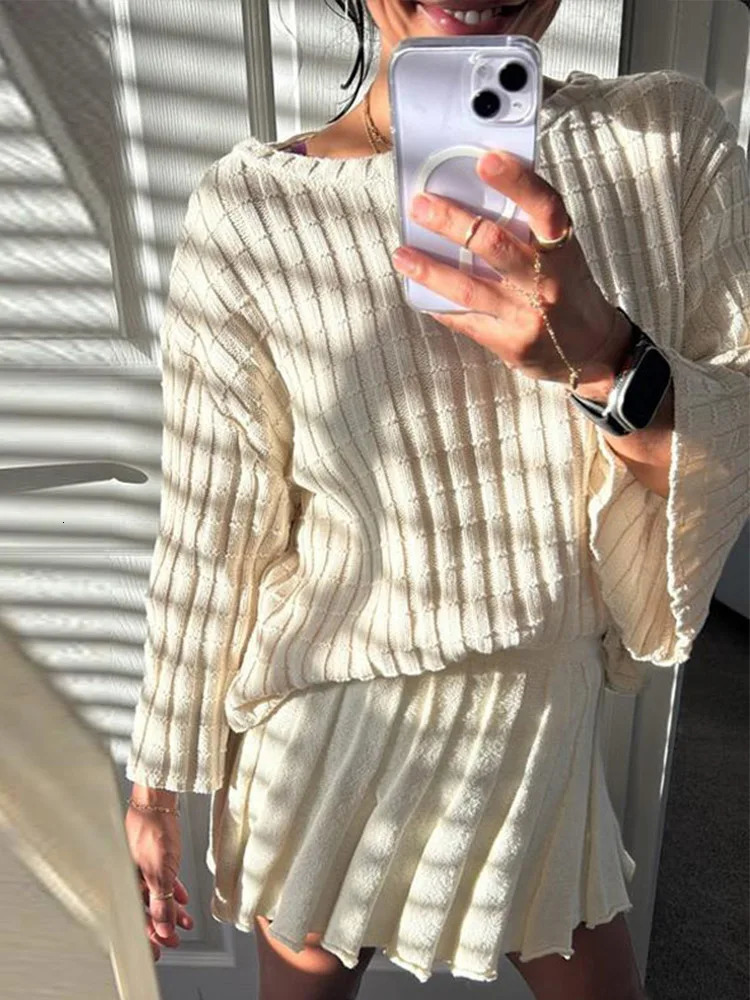 Women Knit Skirt Suits Elegant O-neck Off Shoulder Flare Sleeve Pullover Mini Skirts Female Set 2025 Spring Fashion Lady Outfits 241225