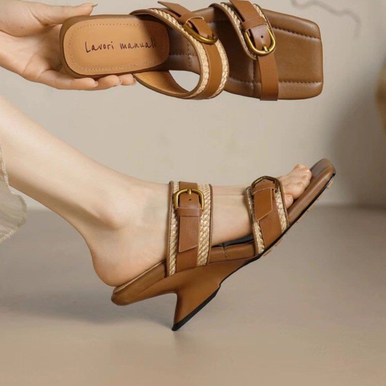 Women Sandals Fashion French Gentle Style New Slippers High Heel Triple Beige Brown Free shipping