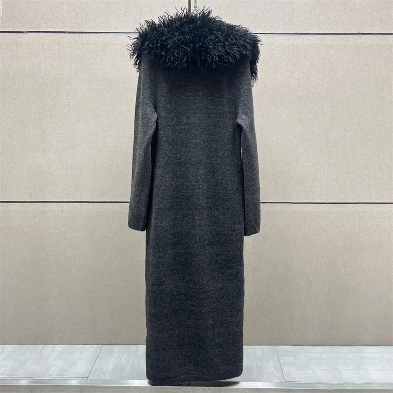 winter coats woman 2024 Detachable fur collar decorative Trench coat Double breasted slim fit Long wool blend windbreaker 250103