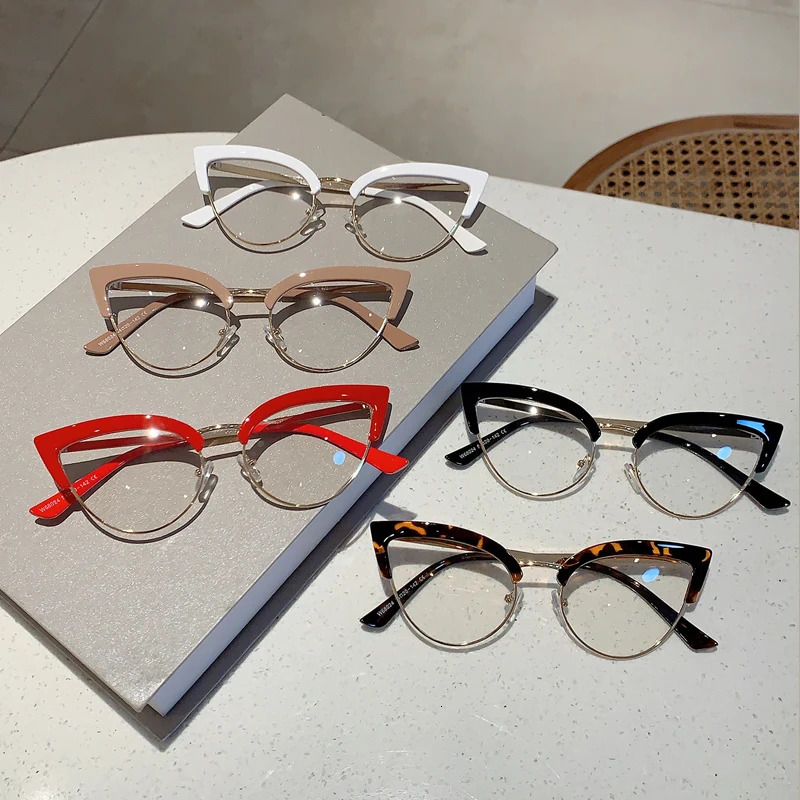 KAMMPT Vintage Cat Eye Glasses Frame Stylish Semi Metal Rim Women Eyewear Trendy Non-prescription Eyeglasses 250107