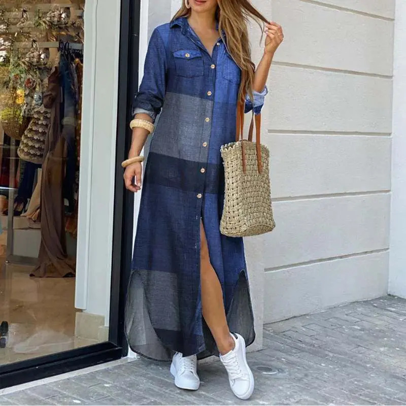 Spring And Autumn Womens Fashion Plaid Printed Polo Neck Shirt Dress Elegant Denim Long Sleeve Button Pocket Loose Long Dreess 250107