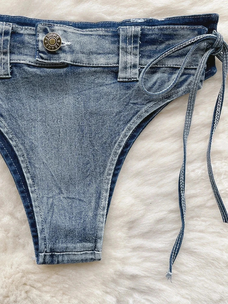 OIINAA Swimwear Women Sexy Blue Denim Bikini Set Halter Drawstring Beachwear Lace Up Two-pieces Summer 2024 Solid Bathing Suit 250107