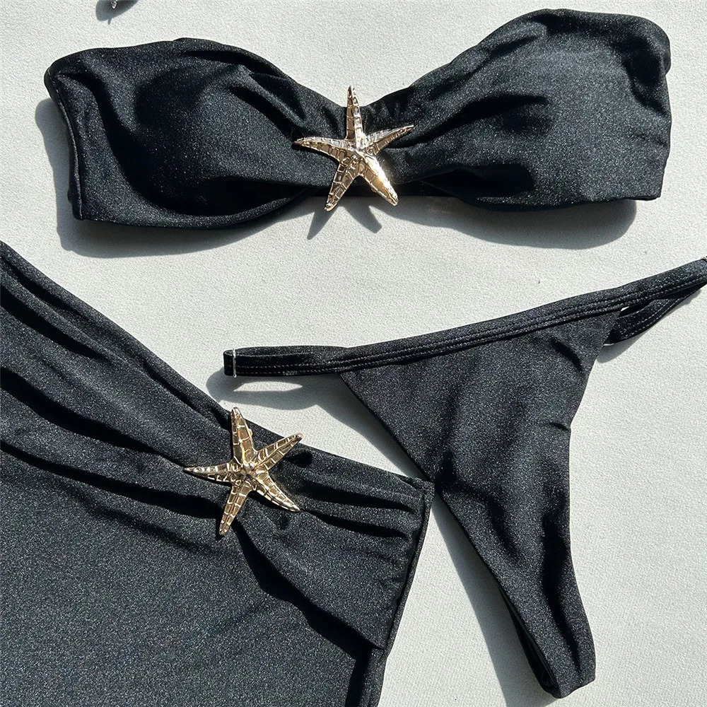 Brown Sexy Swimsuit Cover Ups Women Micro Thong 3 Piece Bikini Set Damen Metal Star Swimwear Beach Wear Bandeau Bikinis Mujer 250108