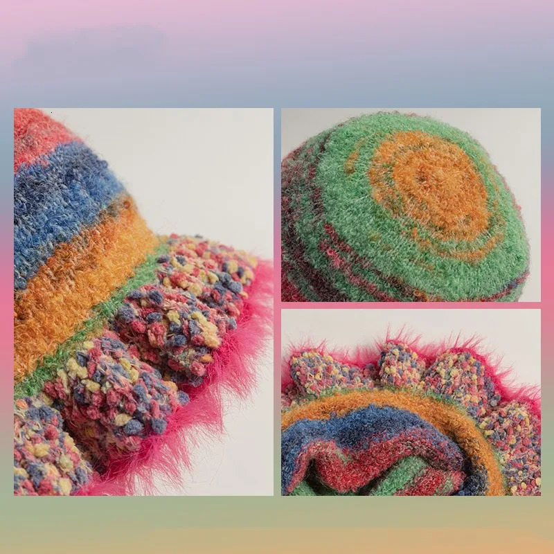 Fashion Colorful Gradient Stripe Woolen Hat Womens Autumn and Winter Cute Handmade Plush Hat Knitted Fisherman Hat 250107