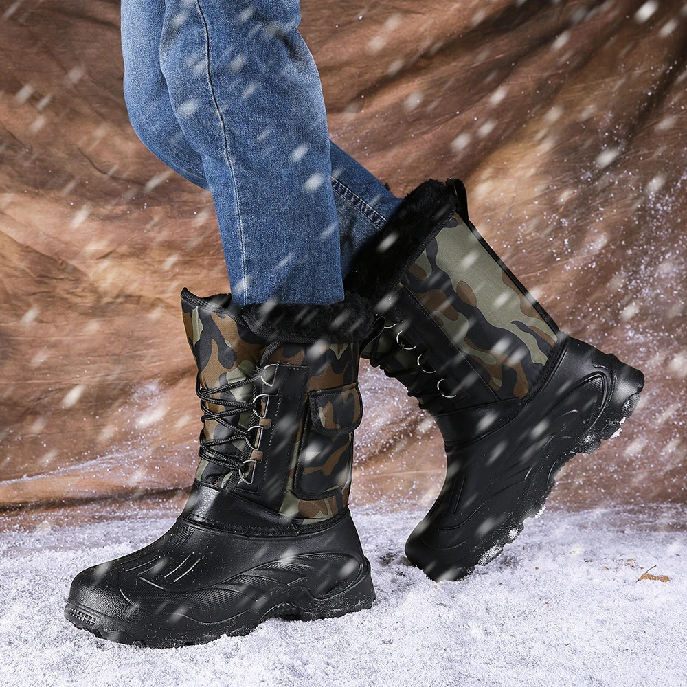 Winter Camouflage Snow Men Boots Rain Shoes Outdoor Waterproof With Fur Plush Warm Male Casual Mid-Calf Work Motorcycle Boot 250106