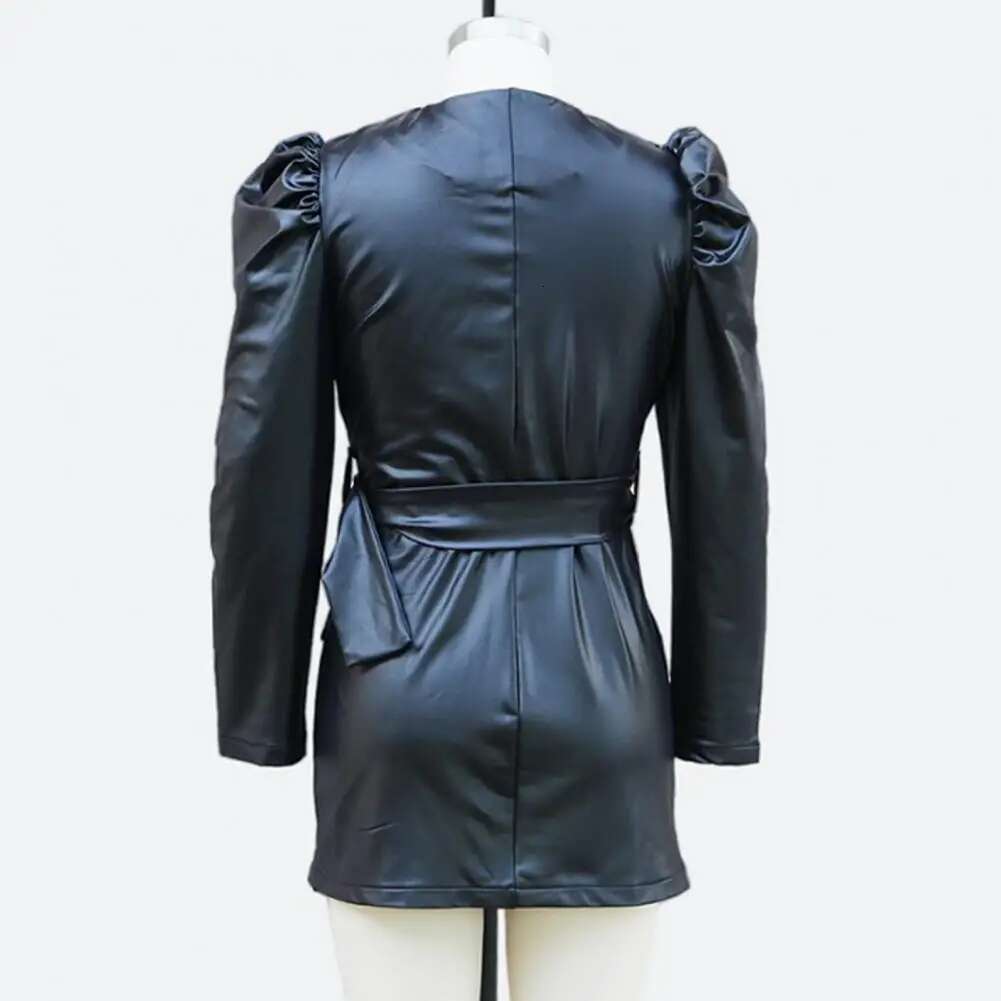 Summer Women Smooth Faux Leather V Neck Long Bubble Sleeves Belted Waist Lady Slim Fit Solid Color Mini Dress