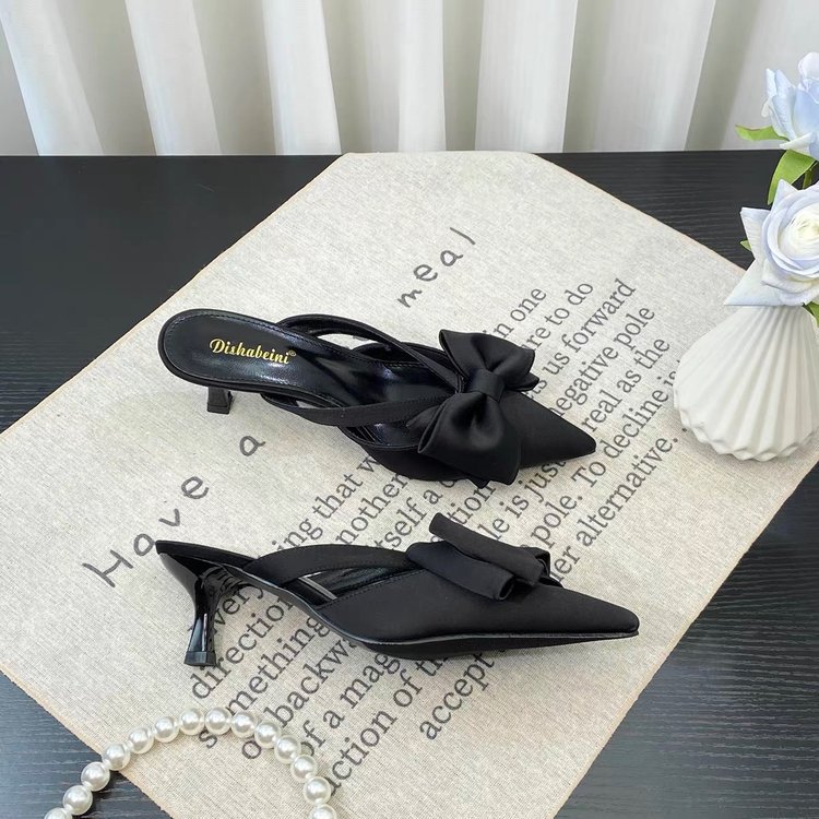 Women Sandals High Heel Bow Design Fashion Trendy Gentle Style Pointed Toe Versatile Triple Black Beige Pink Free shipping