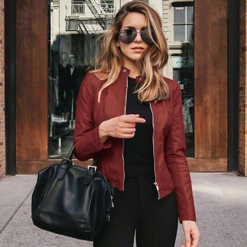 2024 Women Bike Coat PU Leather Outwear Zipper Outfit Autumn Winter Wome Fashion Short Thin Female Jacket