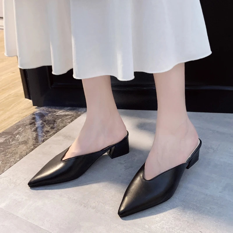 Summer Fashion Women Pointed Toe Slipper Nude White Square Low Heels Outsides Ladies Slides Beach Mules Shoes 250107