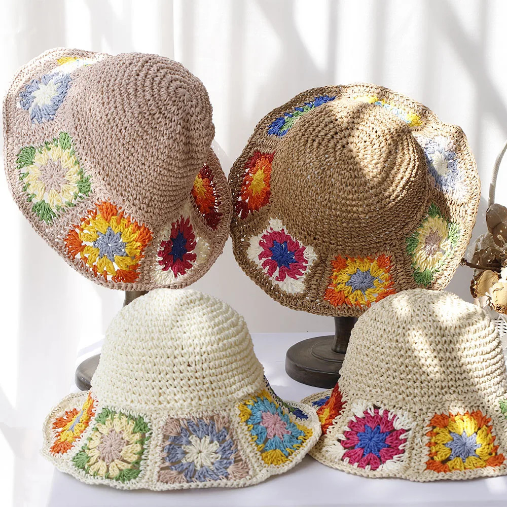 Fishermans Womens Straw with flower hat bucket hat UV Protection Sun Visor beach hat Women Visors rainbow Women Summer hat Cap 250107