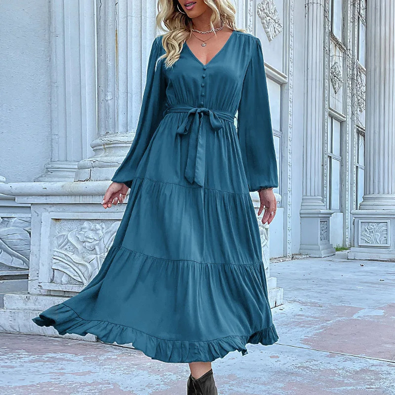 2024 Women Casual Long Sleeve v Neck Fall Dress Bohemian Ruffled Relaxed Fit Solid Maxi Dresses Tiered Cocktail Dress 250107