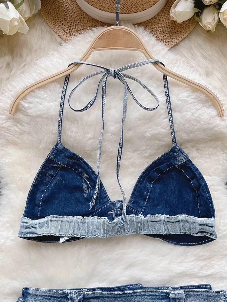 OIINAA Swimwear Women Sexy Blue Denim Bikini Set Halter Drawstring Beachwear Lace Up Two-pieces Summer 2024 Solid Bathing Suit 250107