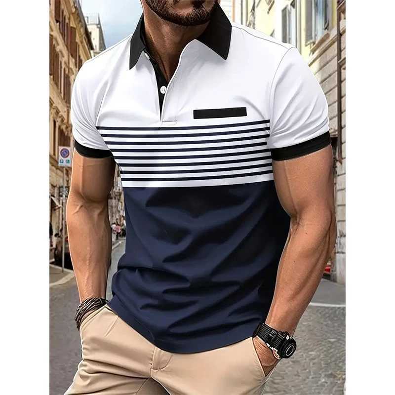 Summer New Casual Fashion Versatile Polo Shirt Mens Lapel Button Color Block Print Patchwork Striped Ventilate Long Sleeved TopXJ250108
