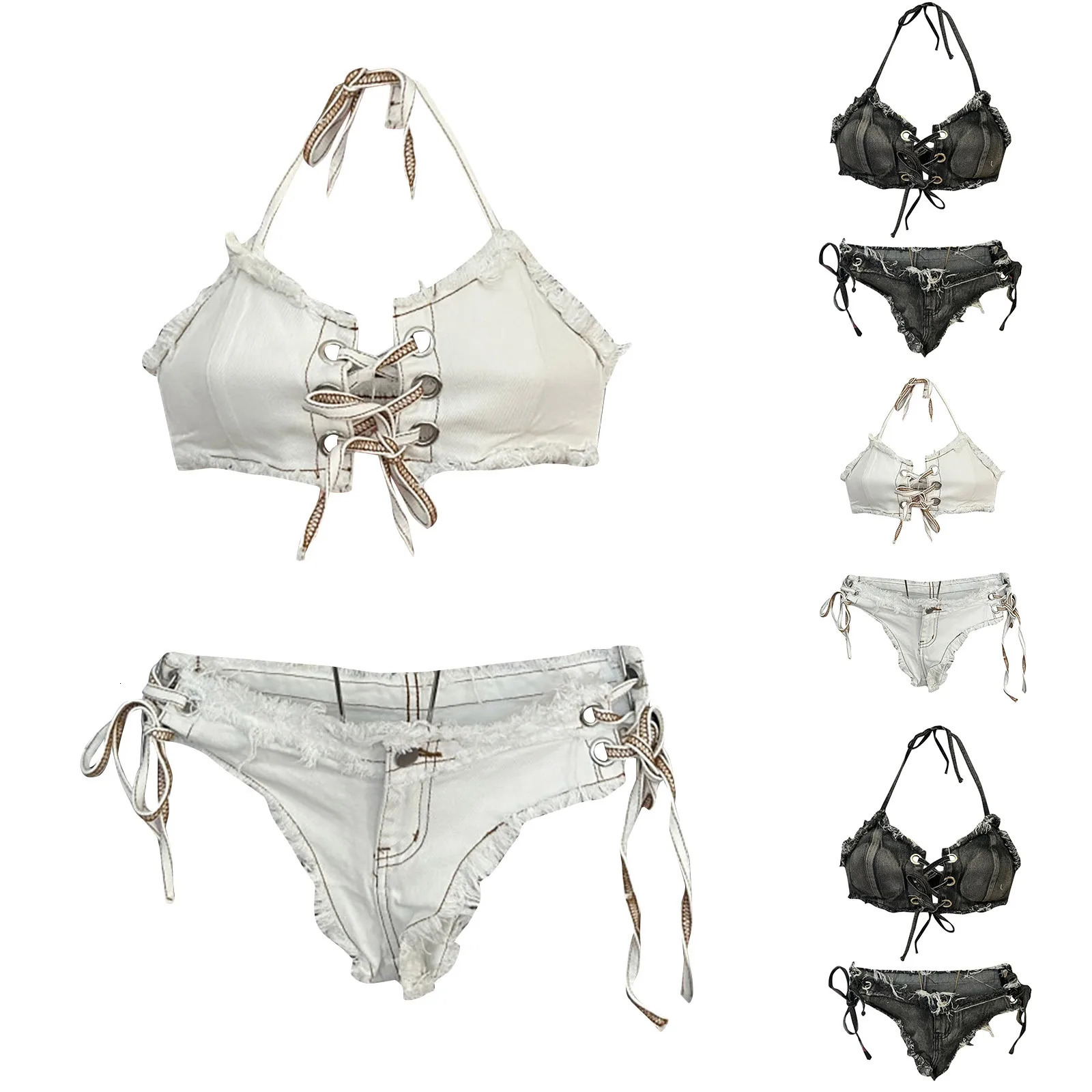 Springs Beach Girls WomenS Swimsuit Denim Bikini Simple Panties Separate Set Of 2 Ribbon Swimming Backless Strapless Bikini 250107