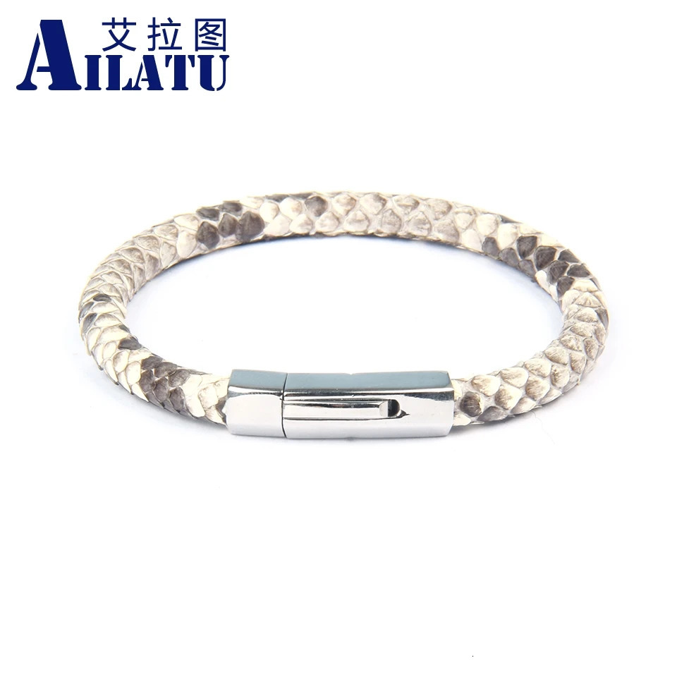 Ailatu 6mm Genuine Python Snake Skin Leather Buckle Bracelets Stainless Steel Jewelry 250107
