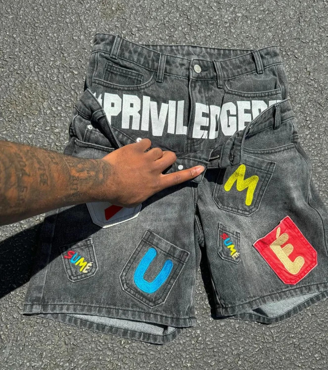 ed printed colorful patch washed denim shorts summer loose casual straight pants versatile two-piece five-point pants 250107