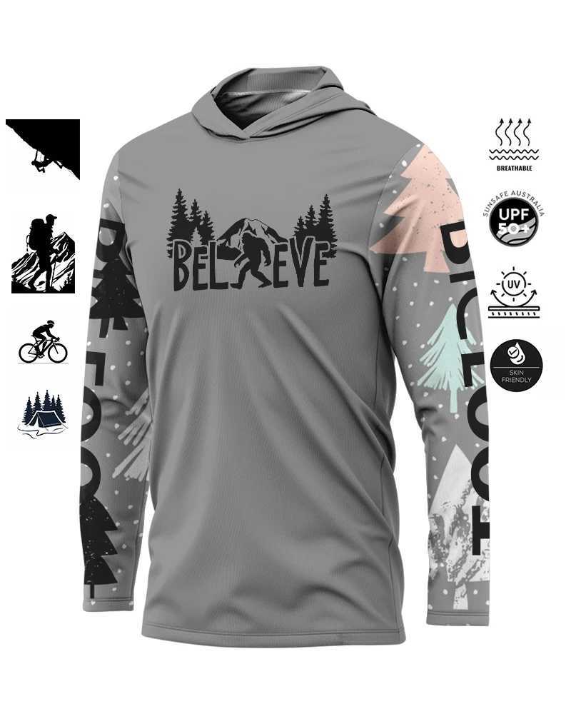 Bigfoot mens hooded fishing shirt long sleeved sports shirt bicycle hiking sports shirt UV ultra-thin long sleeved climbing fishing W250108